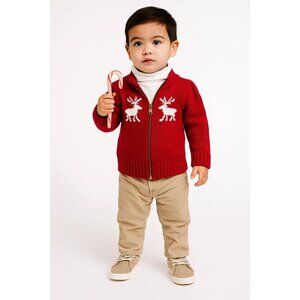 Chaps Red Knit Reindeer Cardigan Zip Sweater 24M Holiday Christmas Winter